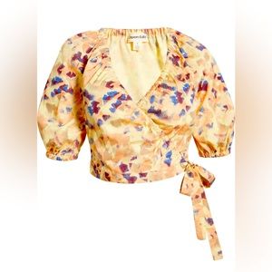 Open Edit Puff Sleeve Cotton Poplin Wrap Blouse - Medium